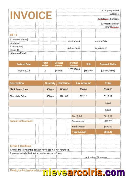 Cake Order Invoice